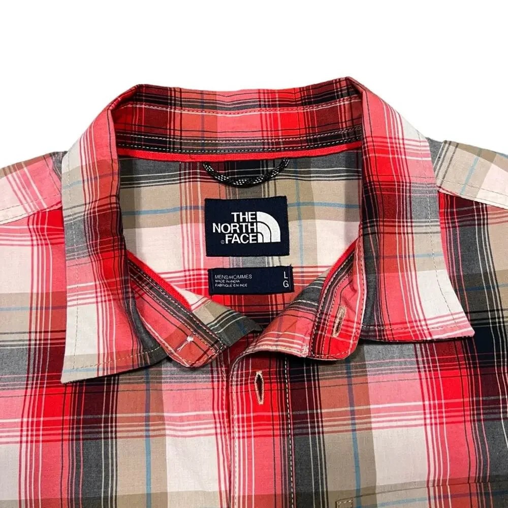 The North Face Red Black Tan Plaid Short Sleeve Button Down Shirt Men Size Large